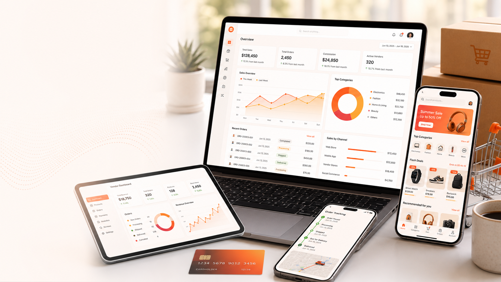 Stock2Cart multi vendor commerce dashboard on laptop and mobile